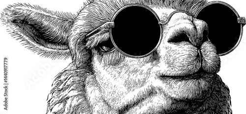 Engraved llama in sunglasses illustration for retro design and decor
