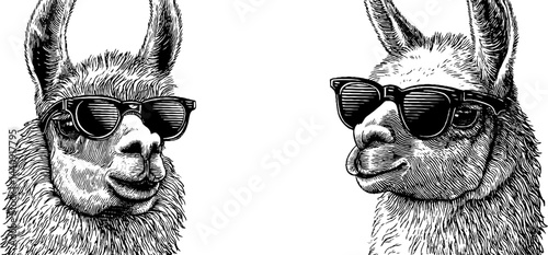 Cool llama duo sporting sunglasses in engraved art style