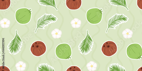 coconut. Seamless coconut pattern. tropical fruit. Coconut oil. coconut pulp. for advertising. Coconut pattern for packing. meal. A nut from a palm tree. seamless. 
