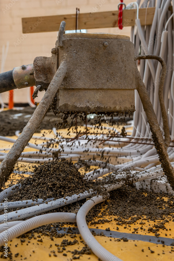 A construction site shows a machine spreading gravel on a yellow sheet covered floor, surrounded by white tubes, wooden beams, and tools in progress.