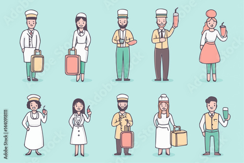 Flat vector icon set showing hotel staff roles: concierge, housekeeper, bellhop with luggage, waiter with drink. Minimal clean pastel style. Ideal for hospitality branding and travel materials