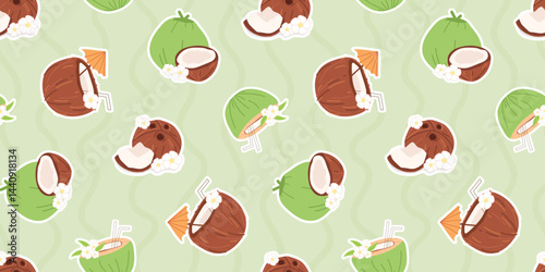 coconut. Seamless coconut pattern. tropical fruit. Coconut oil. coconut pulp. for advertising. Coconut pattern for packing. meal. A nut from a palm tree. seamless. 