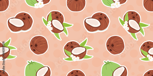 coconut. Seamless coconut pattern. tropical fruit. Coconut oil. coconut pulp. for advertising. Coconut pattern for packing. meal. A nut from a palm tree. seamless. 