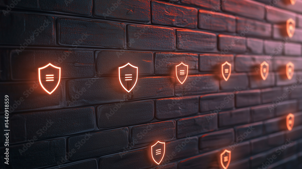 Brick wall covered with glowing digital lines and nodes, shield patterns shining, symbol of strong IT protection, high realism