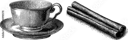 Vintage tea time engraving with teacup and cinnamon sticks for kitchen art
