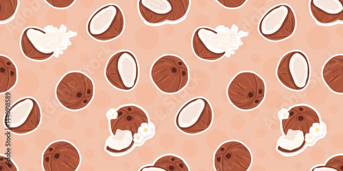 coconut. Seamless coconut pattern. tropical fruit. Coconut oil. coconut pulp. for advertising. Coconut pattern for packing. meal. A nut from a palm tree. seamless. 