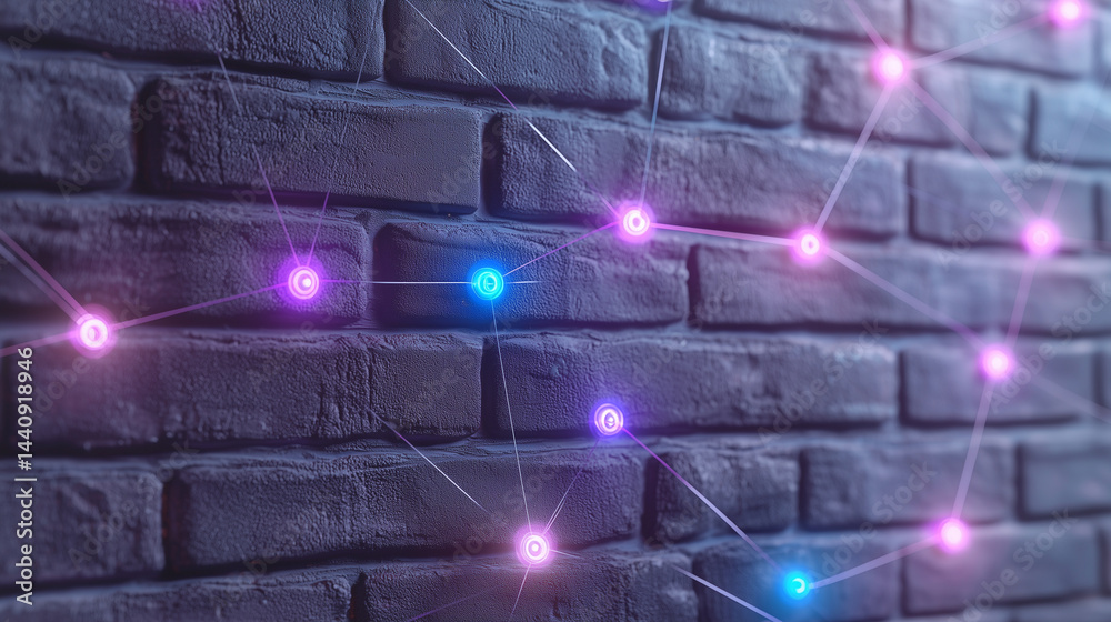 Intricate web of digital shields and nodes lighting up a brick wall, realistic textures, IT security backbone theme, futuristic vibe