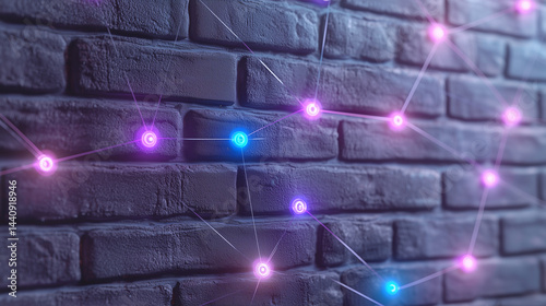 Obraz na płótnie Intricate web of digital shields and nodes lighting up a brick wall, realistic textures, IT security backbone theme, futuristic vibe w salonie