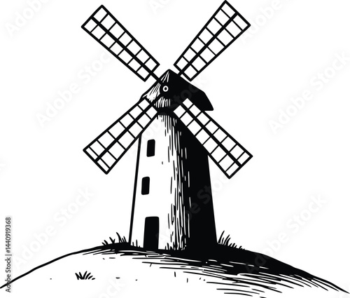 Minimalist Black and White Windmill Vector Art