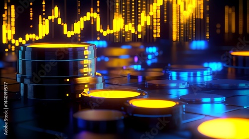 A close up of stacked coins with a graph in the background with yellow and blue lighting effect