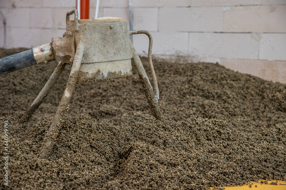 A weathered concrete mixer tool rests in a pile of aggregate material near a partially built brick wall with visible pipes and construction elements.