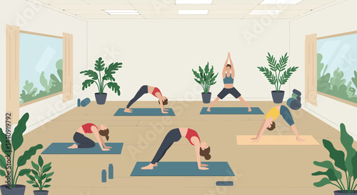 Yoga Class in Studio, Flat Vector Illustration