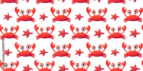 Cute seamless pattern with red crabs and starfish on a white background. Perfect for children's products, summer themes, beachwear, and marine decorations.