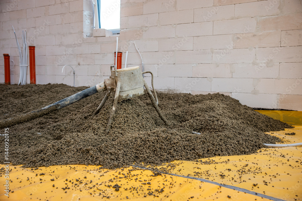 A construction site showing lightweight aggregate spread on a yellow vapor barrier. A mechanical tool disperses material near concrete walls and utility pipes.