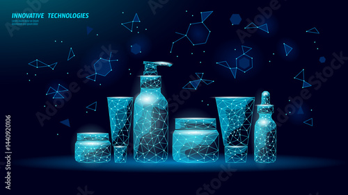 Polygonal cosmetics product line illustration. Contains cream, lotion, serum, and other beauty containers. Skincare, beauty tech, and online shop. Low poly, digital art, blue background