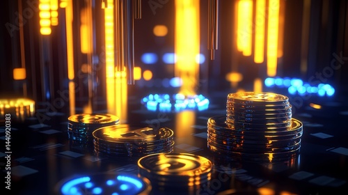 Stacks of gold coins on a dark surface with glowing lights in the background creating a futuristic scene