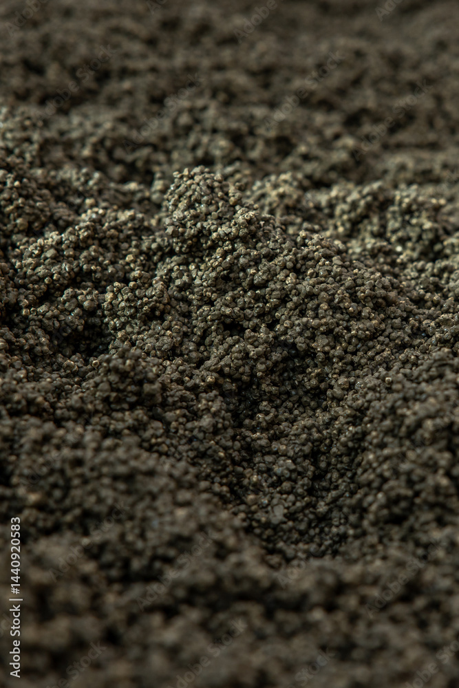A detailed view of a textured surface with small, dark, spherical particles. The uniform and dense arrangement creates an intricate visual pattern.
