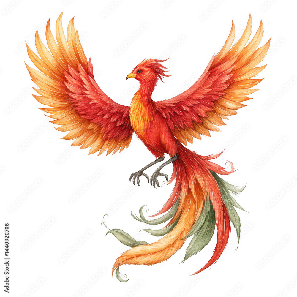 Obraz premium A vibrant phoenix watercolor illustration rises with outstretched wings upward.