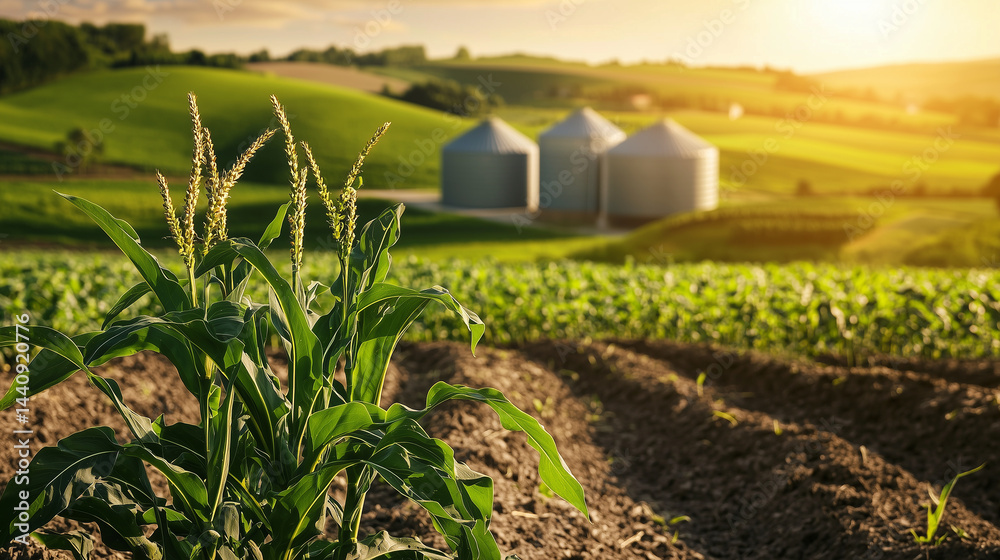 Rural farmland with green biogas facility, fermentation tanks in background, lush crops and greenery, bright natural light