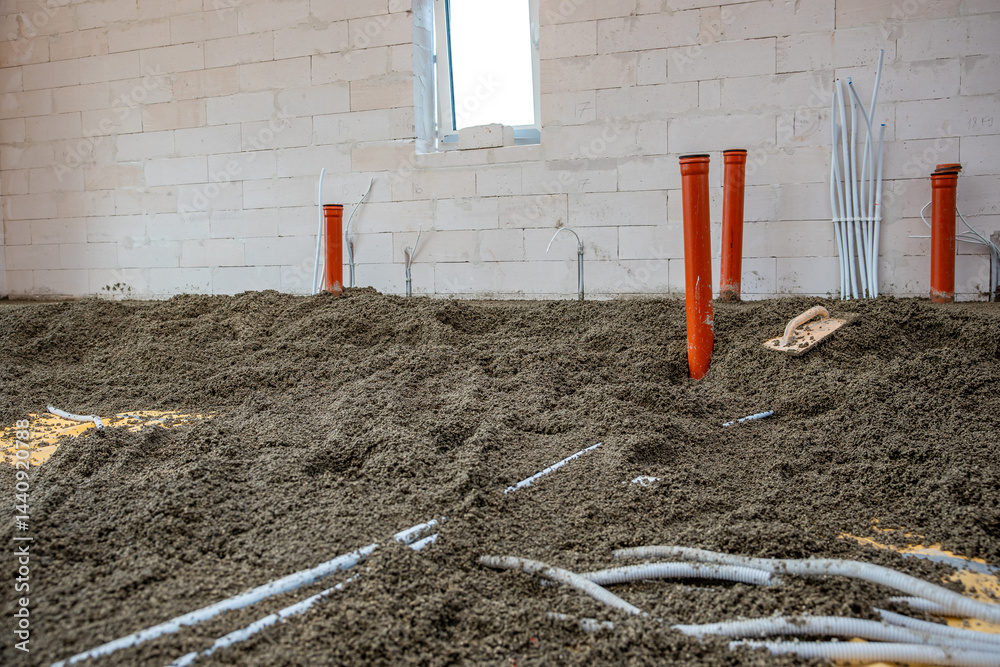 Interior under construction with gravel flooring, orange pipes, white conduits, concrete block walls, and a window opening allowing light inside.