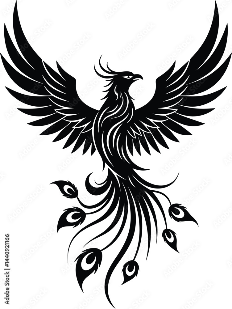 Obraz premium Rising Phoenix: Black and White Vector Illustration