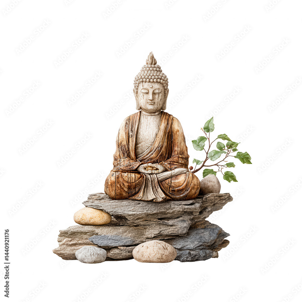 Buddha statue meditates peacefully on stone altar with small green plant