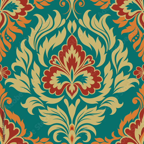 Seamless damask pattern with floral baroque elements. Repetitive vintage design for wallpapers, fabric, textile, curtains, slipcover, blinds, packaging, bedding