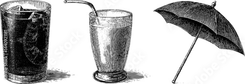 Vintage engraved illustration set of cold drinks with straw and classic umbrella