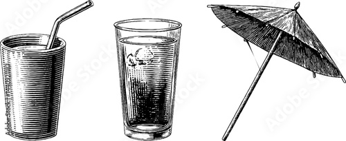 Vintage engraved illustration of cold drink with straw and parasol design for summer theme