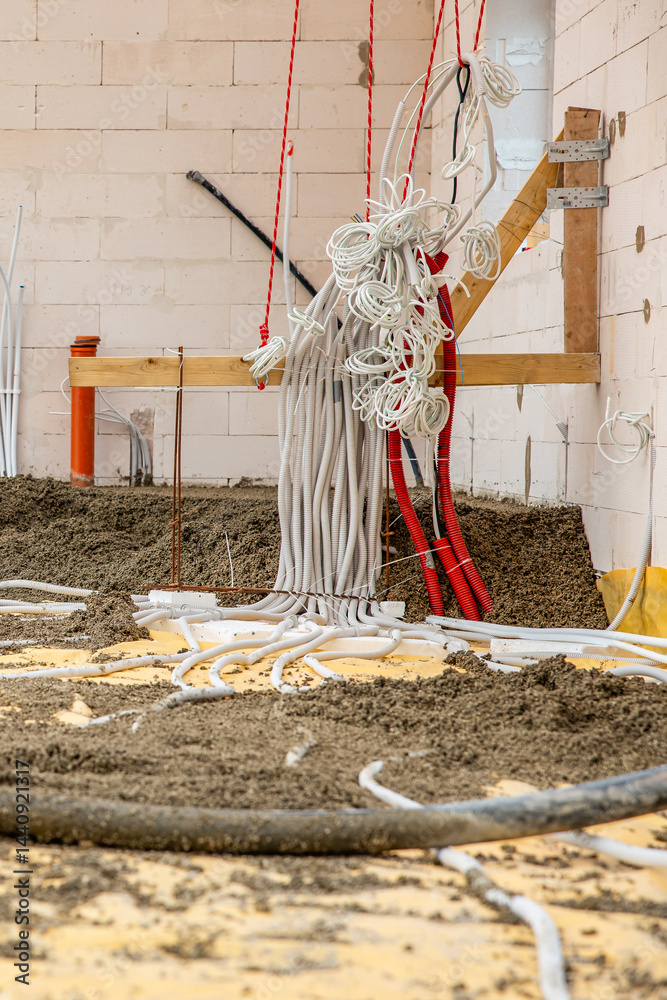 An indoor construction site featuring white brick walls, coiled electrical conduits, red ropes, wooden braces, and a floor with loose material and pipes.
