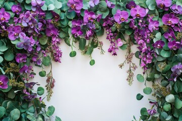 Purple orchid and eucalyptus floral border design.