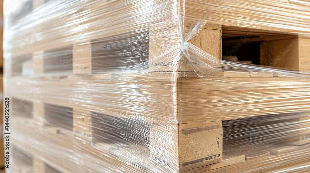 Macro close-up of stretch film tightly clinging to heavy-duty pallet, flawless surface, no wrinkles or air pockets, sharp detail