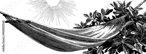 Vintage engraved hammock scene under trees and sunburst