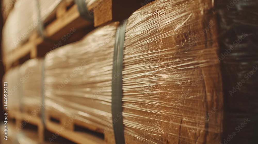 Close-up macro, stretch film perfectly hugging heavy pallet, no folds or gaps, sharp surface reflections, industrial vibe