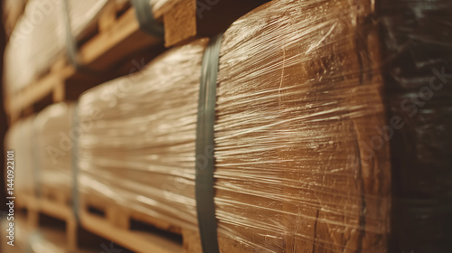 Obraz na płótnie Close-up macro, stretch film perfectly hugging heavy pallet, no folds or gaps, sharp surface reflections, industrial vibe w salonie
