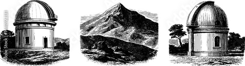 Engraved illustrations set of observatory and mountain for artistic design