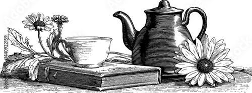 Vintage tea time composition with teapot, cup, book, and flowers
