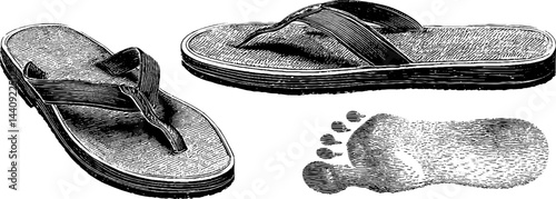 Engraved illustration of sandals and footprint design for art and decoration