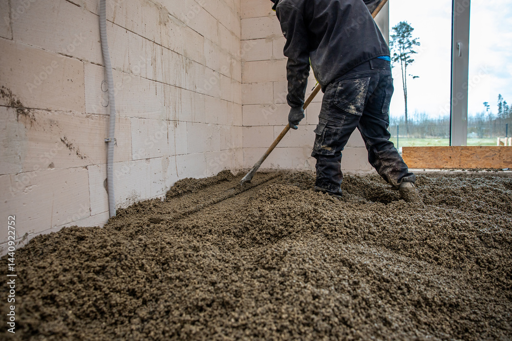A worker uses a long handled tool to level wet concrete inside a building with white block walls. A large window reveals sparse trees and an open field.