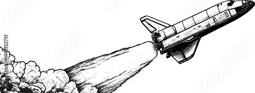 Detailed engraved illustration of space shuttle launch with smoke trail