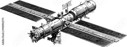 Intricate engraved illustration of space station with solar panels - ideal for educational design