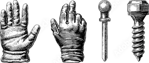 Vintage space exploration tools and gloves engraving for design and print