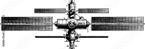 Engraved illustration of a space station with solar panels for science and technology design