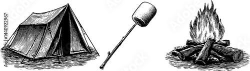 Vintage camping elements with tent, campfire, and marshmallow stick for outdoor adventure ideas