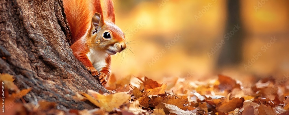 Obraz premium Autumnal squirrel nestled amongst fall foliage.