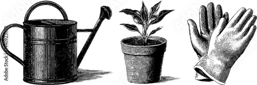 Vintage gardening set with watering can, potted plant, and gloves for diy projects