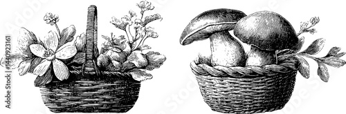 Engraved botanical woven basket set with wildflowers and mushrooms for decorative use