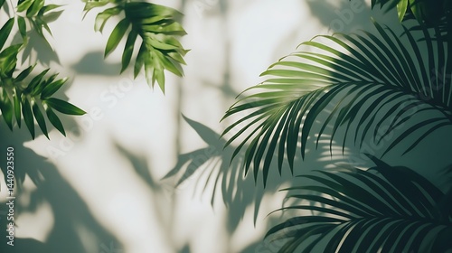 Tropical foliage casts delicate shadows on a light beige wall. photo