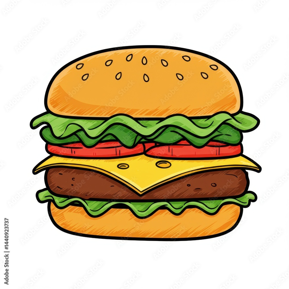 Vibrant Line Icon of a Hamburger with Lettuce, Cheese, and Patty Vibrant Line Icon of a Hamburger with Lettuce, Cheese, and Patty