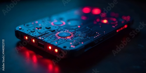 Glowing Circuit Board Red Lights Technology Closeup Photo